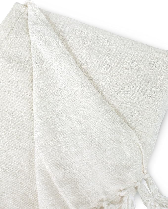 BIRDROCK HOME Internet’s Best Chenille Throw Blankets - Ivory - Ultra Soft Couch Blanket with Fringe - Light Weight Sofa Throw - 100% Microfiber Polyester - Easy Travel - Bed - 50 x 60