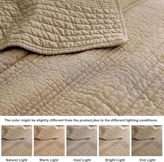palassio Striped Dark Beige 100% Cotton Quilt Twin Size Bedding Sets, Lightweight Crinkly Channel Pick Stitch Textured Bedspread Soft Shabby Chic Farmhouse Country Coverlet for All Season, 1 Sham