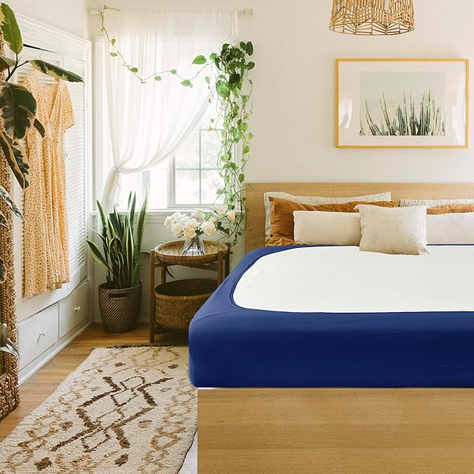 Biscaynebay Decorative Box Spring Cover Queen Size, Navy Jersey Luxurious Jersey Knitting Stretchy Wrap Around 4 Sides Bed Skirt for Home/Hotels, Easy Fit Wrinkle & Fade Free Machine Washable