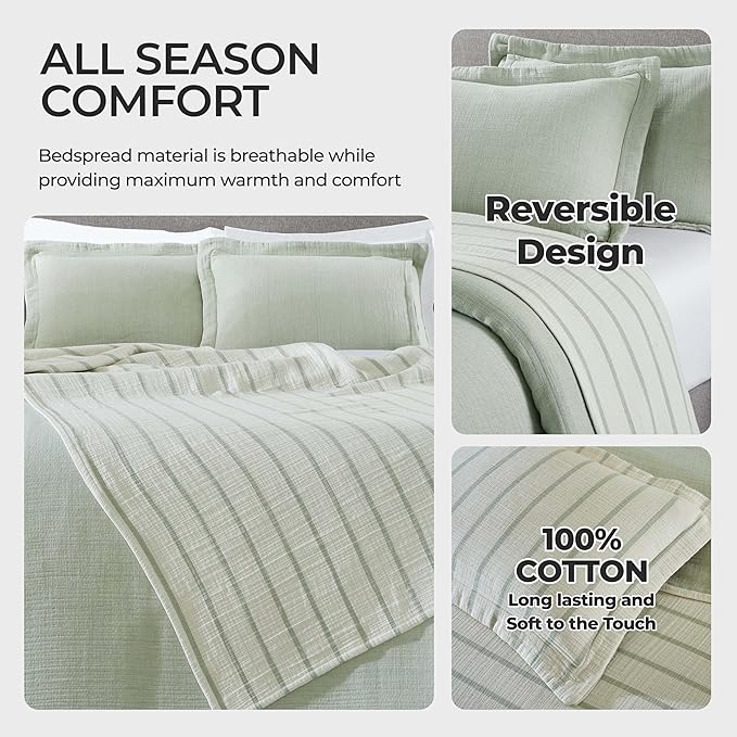 Superior 3 Piece Cotton Reversible Bedspread and Sham Set, Home Bed Decor, Decorative Bed Spread, 2 Pillow Shams, Medium Weight, Matelasse Coverlet Bedding, Valencia Collection, King Size, Sage