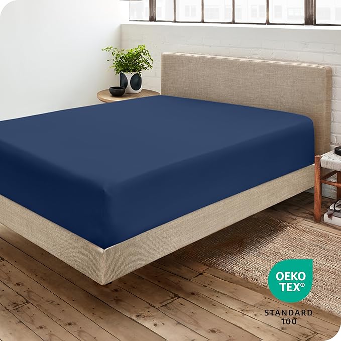 Bare Home Fitted Bottom Sheet Queen - Premium 1800 Microfiber - Ultra-Soft Wrinkle Free - Deep Pocket - Fitted Sheet (Queen, Dark Blue)