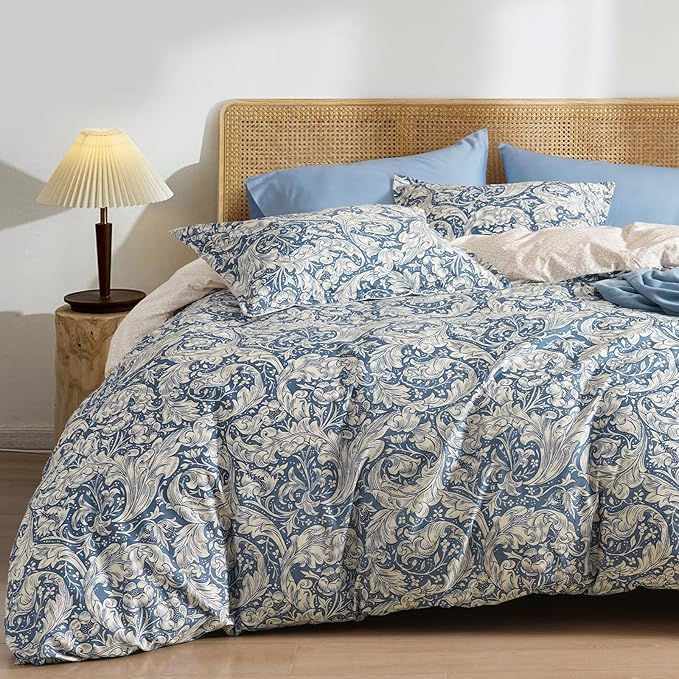 PHF Ultra Soft Floral Duvet Cover Queen Size, Revisible Boho Printed Vintage Bedding Set 3 Pieces, Comfy Durable Morris Garden Duvet Cover Set with 2 Pillow Shams, Zipper Closure and 8 Ties, 90"x90"