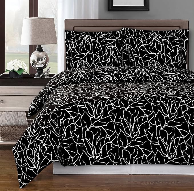 Royal Hotel Bedding Black and White Ema 4 Piece Full/Queen Comforter Set 100% Cotton 300 Thread Count