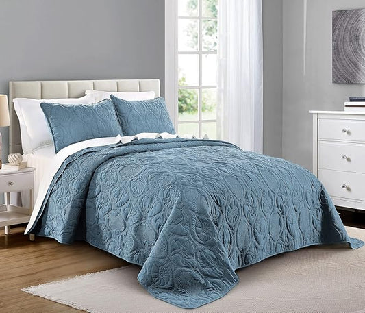 Pure Bedding Quilt Set King/Cal King/California King Size Ash Blue - Oversized Bedspread - Microfiber Coverlet - Includes 1 Quilt and 2 Shams, Ocean Star Pattern