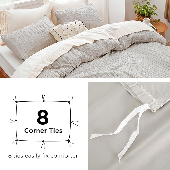 Bedsure Striped Boho Duvet Cover Queen Size - Shabby Chic Tufted Boho Bedding Set, 3 Pieces Shabby Chic Home Bedding for All Seasons, Includes 1 Queen Duvet Cover & 2 Pillowcases (White, 90" x 90")