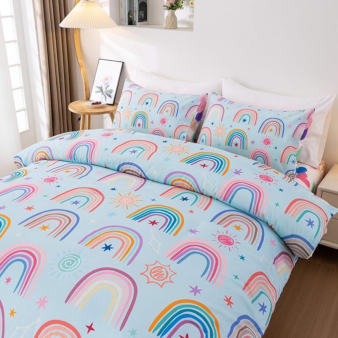 Btargot Lightweight Soft 3 Piece Rainbow Comforter Set with 2 Pillow Covers, Cartoon Love Hearts Suns and Stars Bedding Set for Girls Boys Kids, Full Light Blue