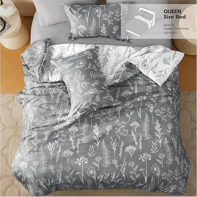 Joiedomi Queen Comforter Set Grey, 3 Pieces Floral Queen Bedding Set with 1 Soft Reversible Botanical Comforter and 2 Pillow Shams, Bed in a Bag for All Seasons