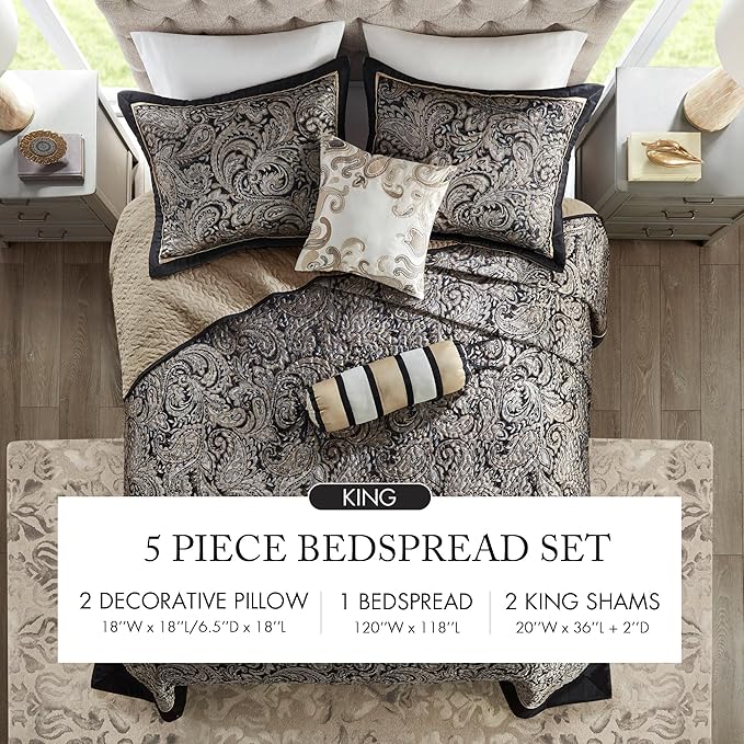 Madison Park Aubrey Reversible Quilted Bedspread Set, Solid Reverse Summer Breathable, Lightweight All Season Bedding Layer, Matching Shams, Bedspread King(120"x118"), Black 5 Piece