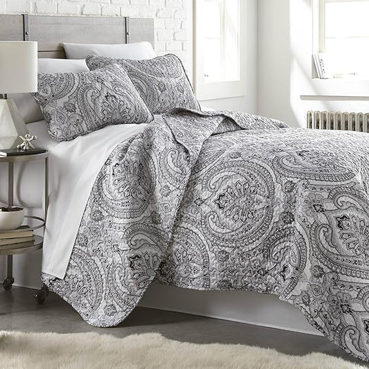 Southshore Fine Living, Inc. Paisley Quilt Bedding Set, Black Quilt Queen Size, Boho Bedspread, Farmhouse Bedding 3-Piece Set with Two Matching Quilted Pillow Shams, Full/Queen Coverlet, Black
