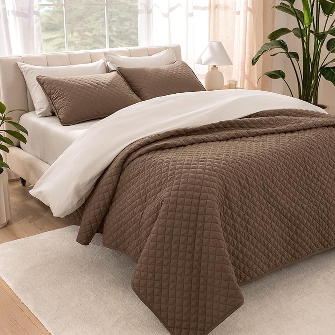 Bare Home Coverlet Set - Full/Queen - Lightweight Bed Decor - Comforter Alternative - All-Season Quilted Bedspread (Full/Queen, Cocoa)