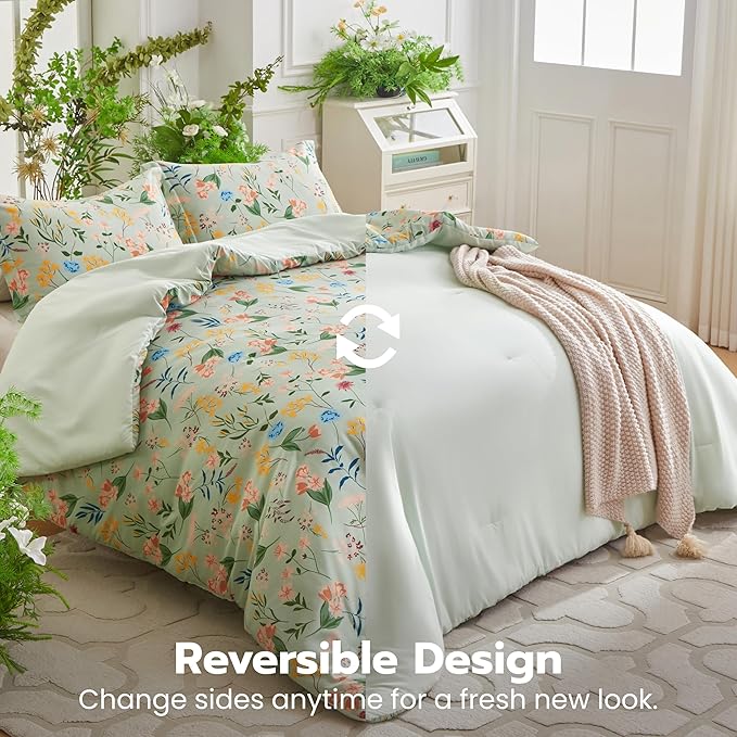 Joiedomi Twin Comforter Set Light Green, 2 Pieces Floral Twin Bedding Set with 1 Soft Reversible Flower Comforter and 1 Pillow Sham, Bed in a Bag for All Seasons