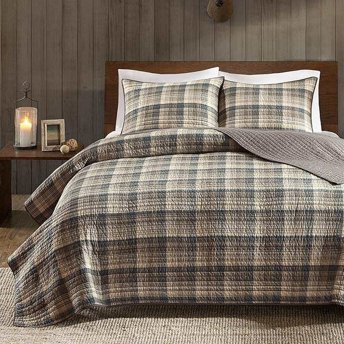 Woolrich Reversible Quilt Cabin Lifestyle Design - All Season, Breathable Coverlet Bedspread Bedding Set, Matching Shams, Oversized King/Cal King, Tasha Plaid Tan/Brown 3 Piece