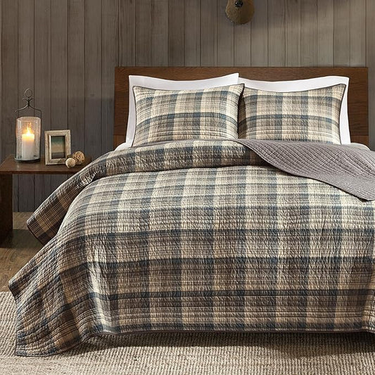 Woolrich Reversible Quilt Cabin Lifestyle Design - All Season, Breathable Coverlet Bedspread Bedding Set, Matching Shams, Oversized King/Cal King, Tasha Plaid Tan/Brown 3 Piece