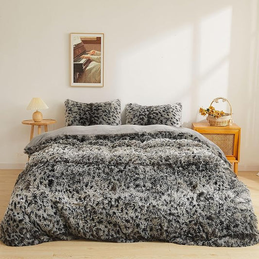 XeGe Leopard Print Fluffy Faux Fur Duvet Cover Set, 2 Pieces Soft Plush Shaggy Farmhouse Fuzzy Bedding Set(1 Faux Fur Cheetah Print Comforter Cover + 1 Furry Pillowcase), Zipper Closure(Twin, Grey)