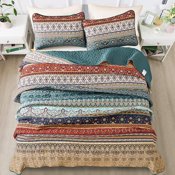 WONGS BEDDING Boho King Quilt Set, Green and Brown Bohemian King Quilt Bedding Set, Lightweight Microfiber Bed Decor Bedspread for All Season 103"x90"(3 Pieces)