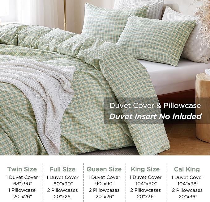 TOCOMOA Plaid Duvet Cover Set 100% Washed Cotton Like Linen Feel Super Soft Comfy 3 Piece Green and Yellow Gingham Checkered Bedding Comforter Cover Set (King 104"x90", Comforter Not Included)