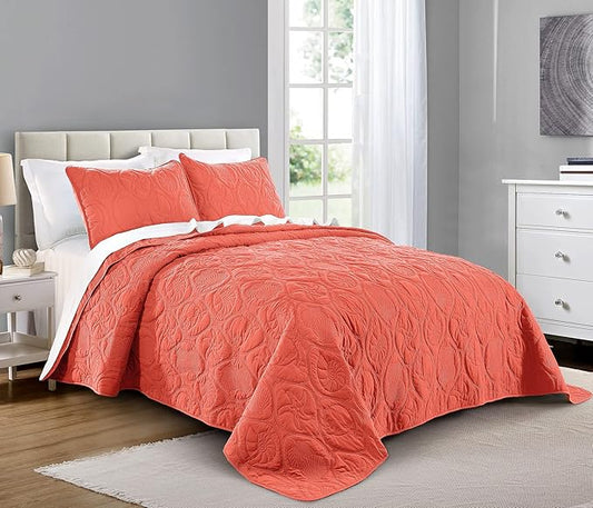 Pure Bedding Quilt Set King/Cal King/California King Size Coral - Oversized Bedspread - Microfiber Coverlet - Includes 1 Quilt and 2 Shams, Ocean Star Pattern
