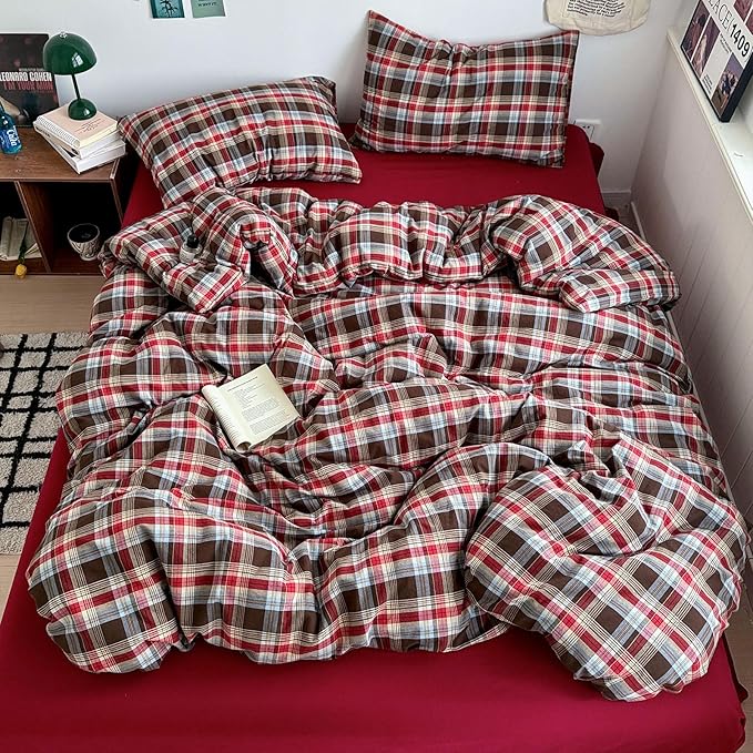 VM VOUGEMARKET Buffalo Gingham Duvet Cover Set Queen,3 Pieces Washed Cotton Bedding Set,Breathable Luxury Plaid Duvet Cover with Zipper Closure for Girls (Red&Brown)