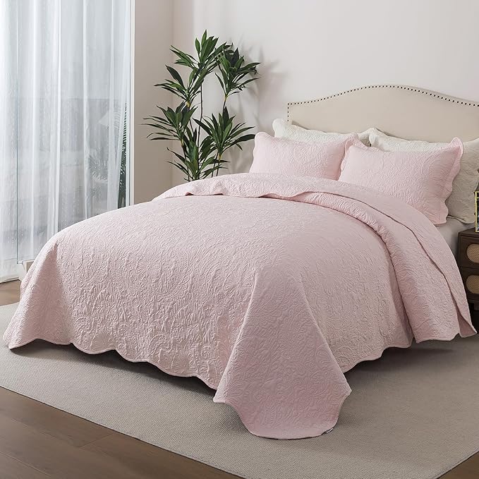 HoneiLife Queen Size Quilt Sets - 3 Piece Queen Quilt Bedding Set Microfiber Quilt Set Lightweight Bedspreads Reversible Coverlets Retro Bed Cover Floral Bedding Set All Season Quilts-Light Pink
