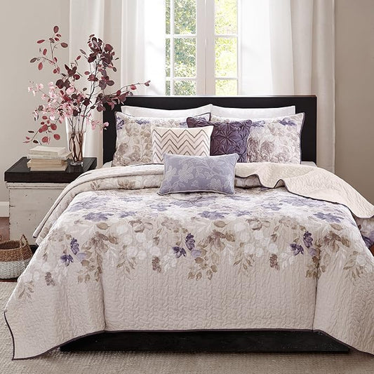 Madison Park Luna Quilt Modern Classic Design All Season, Breathable Coverlet Lightweight Bedding Set, Matching Shams, Decorative Pillow, King/Cal King(104"x94"), Floral Taupe 6 Piece