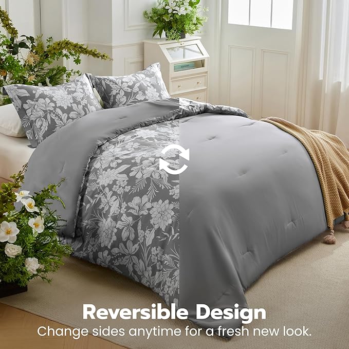Joiedomi Queen Comforter Set Grey, 3 Pieces Floral Queen Bedding Set with 1 Soft Reversible Botanical Flower Comforter and 2 Pillow Shams, Bed in a Bag for All Seasons