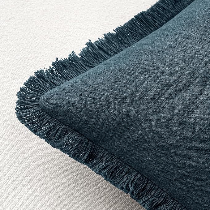 MIULEE Decorative Throw Pillow Covers Neutral Linen Fringe Throw Pillows Set of 2 Navy Blue Boho Farmhouse Cushion Covers with Tassels for Couch Sofa Bed Living Room Spring Home Decor 20x20 Inch