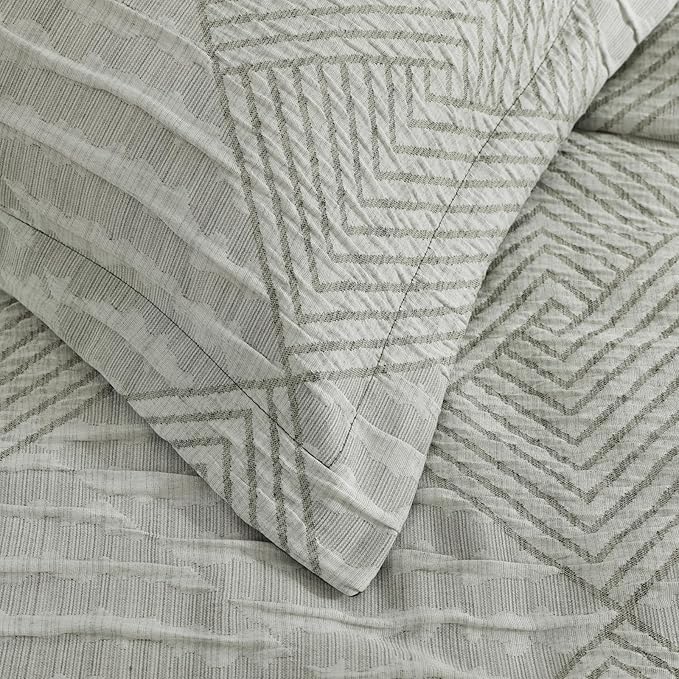 MaiRêve Queen Comforter Set Crinkle Textured, Light Olive Green Diamond Boho Bedding Set 7 Pieces Bed in A Bag, All Season Geometric Comforter Set with Sheets, Pillowcases & Shams