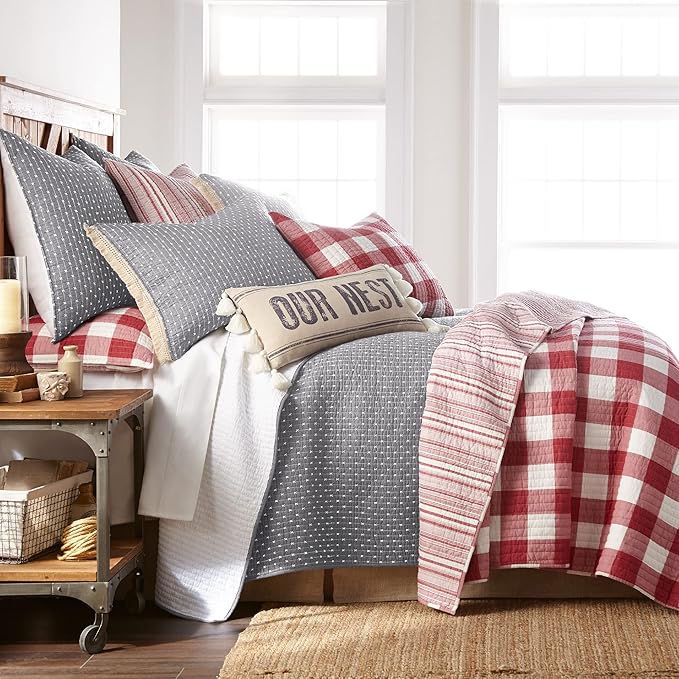 Levtex Home Cross Stitch Reversible King/Cal King Quilt Set (106x92in) and 2 Pillow Shams (36x20in) - Stitch Texture - Grey White - Cotton King Size Quilt Bedding Set - Lightweight Soft Pre-Washed