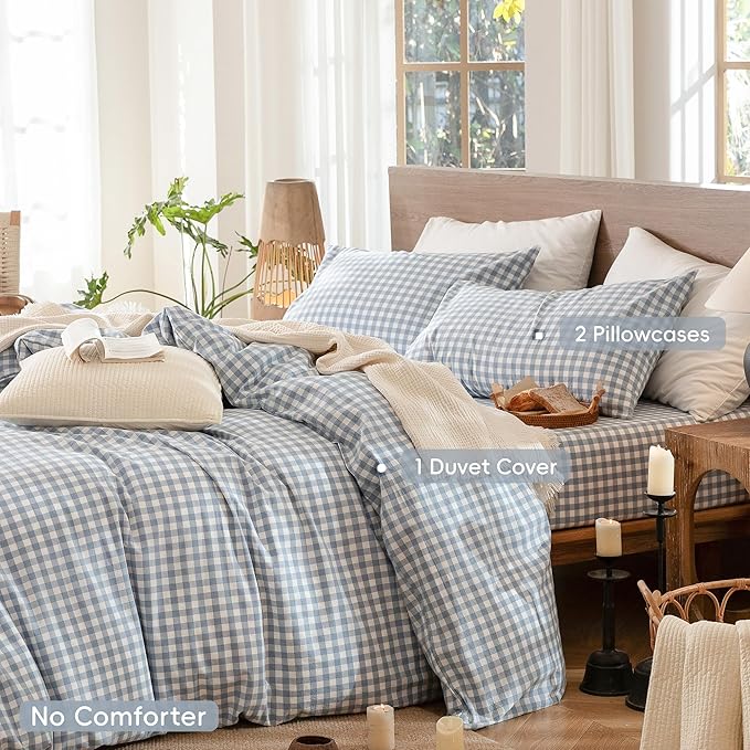 MooMee Gingham Duvet Cover Set 100% Washed Cotton Linen Like Textured Breathable Durable Soft Comfy Modern Checkered Design (Classic Gingham Cornflower Blue, Oversized Full 82"x86")