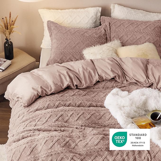 Bedsure Fluffy Flannel Duvet Cover Set - Faux Fur Comforter Cover Queen Size, Cameo Rose Warm Plush Bedding for Winter, 3-Piece Set with Zipper Closure (90"x90") and 2 Pillow Shams