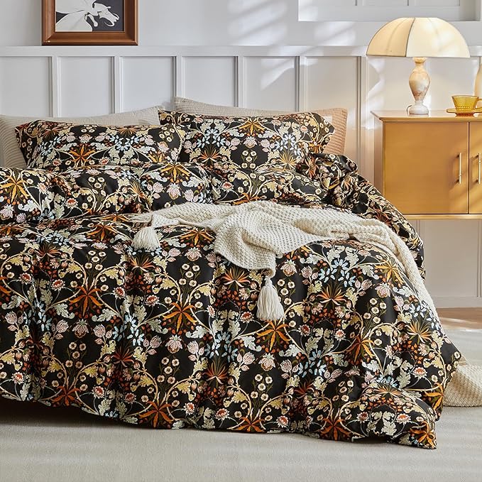 mixinni Vintage Floral Duvet Cover Queen Size Farmhouse Boho Duvet Cover Set Cotton Percale Flowers Pattern Printed Bedding Set with 2 Pillowcases Perfect for Him and Her-Queen Size