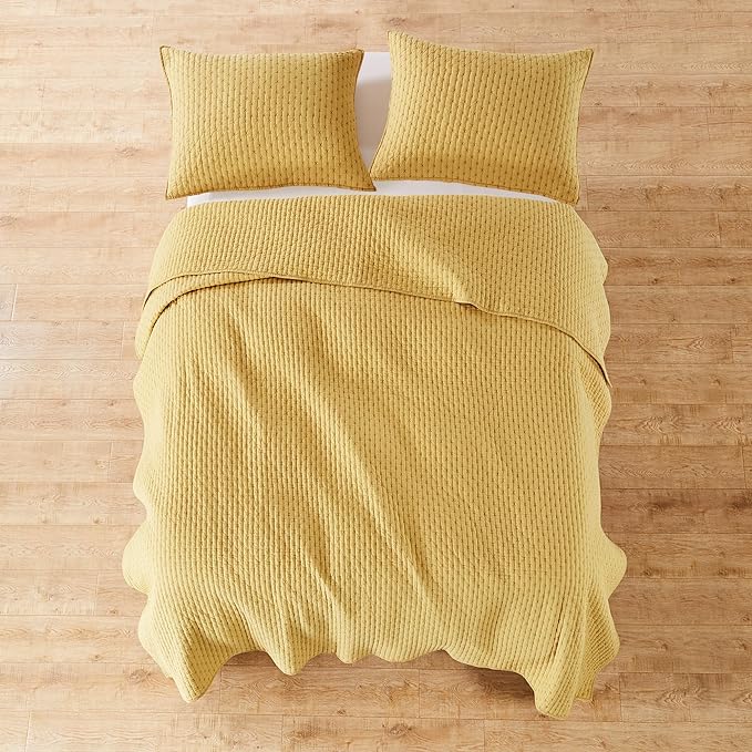 Levtex Home Cross Stitch Reversible Twin Bedspread Set (84x104in) with 1 Pillow Sham (26x20in) - Stitch Texture - Ochre - Cotton Twin Size Bedspread Set - Lightweight, Soft, Pre-Washed