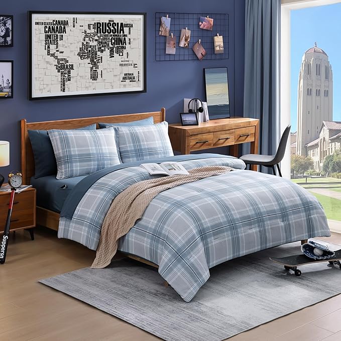 Blue Comforters Queen Size, Plaid Queen Bedding Sets for Boys & Girls,Classic Homestead-Style Bed in A Bag Queen with Sheets and Comforter Set (Light Blue,Queen,90"*90")
