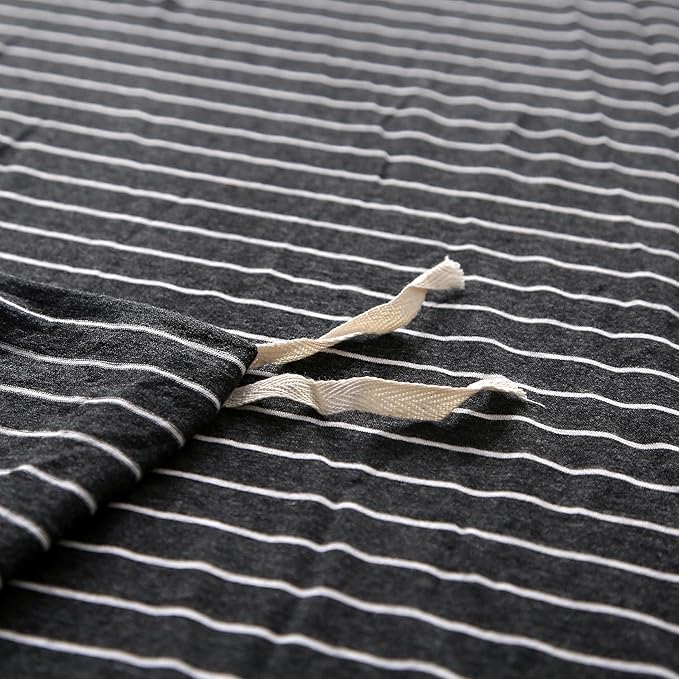 PURE ERA Jersey Knit Duvet Cover Set 100% T-Shirt Heather Cotton Super Soft Comfy Classic Striped Design, with Zipper Closure, Heather Black & White Pinstripe, Queen