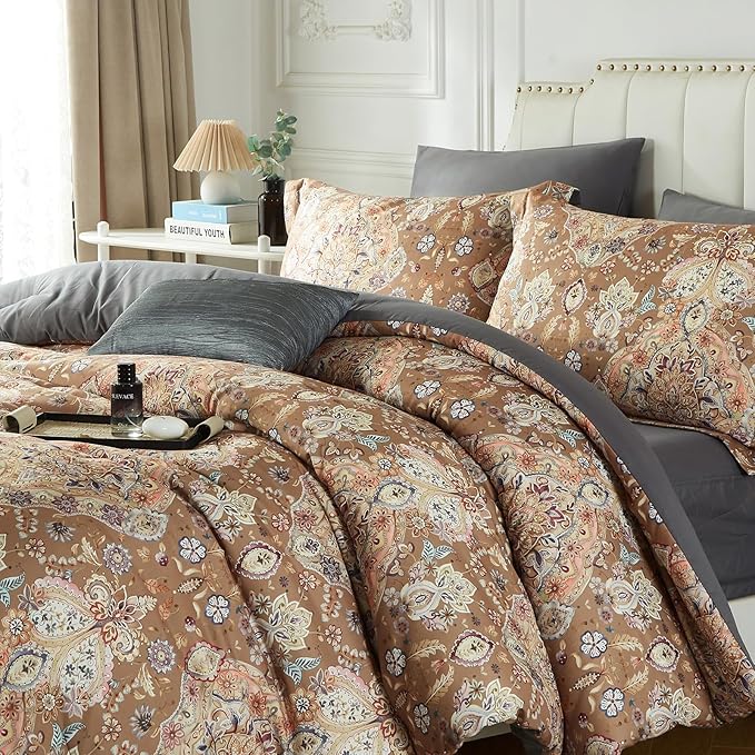 Cupocupa King Duvet Cover Set - 3pc Boho Paisley Floral Bedding - Vintage Botanical Leaf Print Soft Microfiber - All-Season Breathable Quilt Cover with Zipper & Corner Ties (King, 104"x90")