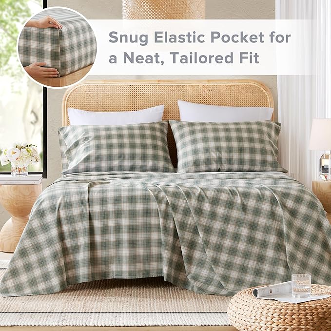 Comfort Spaces 100% Cotton Sheets King, Breathable, Naturally Cool Cotton Sheets, Soft Cotton Bed Sheets with 14" Elastic Pocket Fits up to 16" Mattress, All Seasons Sheet Set, Wesley Green 4 Piece