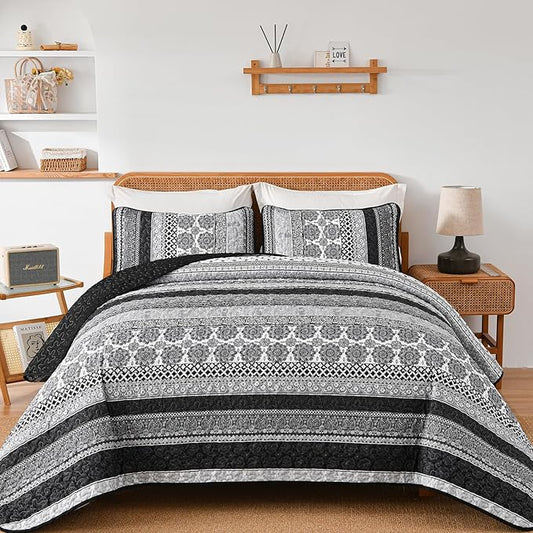 WONGS BEDDING Boho Quilt Set Queen Size, Grey Bohemian 3 Pieces Quilt Sets, Lightweight Bedspread Coverlet Bedding Set for All Season (96"x90")