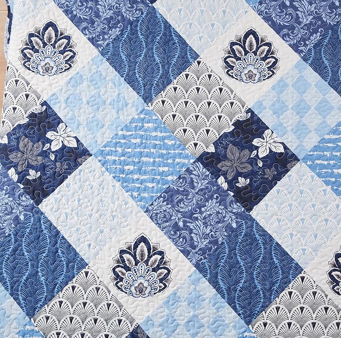 King Size Quilt Set 3 Pieces Lightweight Reversible Bedspread-98''x106'' Soft Patchwork Floral Coverlet Luxurious Warm Microfiber Bed Cover All Seasons Blue Bedding Set(1 Quilt,2 Pillow Shams)