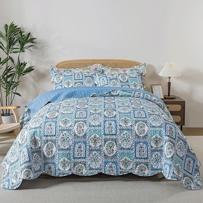 HoneiLife King Quilt Bedding Sets - 3 Piece Microfiber Quilt Set Rustic Bedspread Set Floral Coverlet Sets for King Bed