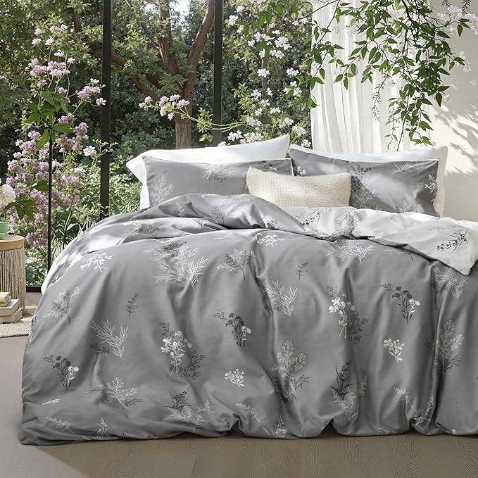 Bedsure Duvet Cover Twin Dorm Bedding - Reversible Floral Duvet Cover Set with Zipper Closure, 2 Pieces Grey Bedding Set with 8 Corner Ties and 1 Pillowcase 20"x26"