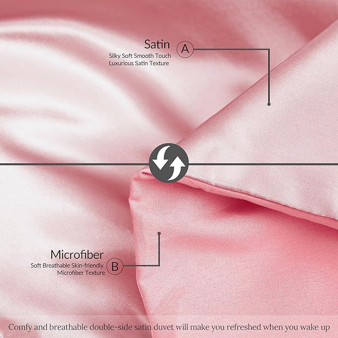 Whale Flotilla 3-Piece Reversible Silky Soft Queen Comforter Bedding Set, Luxurious Satin Comforters Full Size with 2 Satin Pillowcases, Lightweight Duvet for All Seasons, Pink