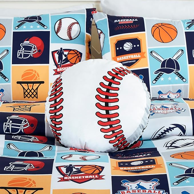 Chezmoi Collection 3-Piece Kids My Sports Bedding Comforter Set Twin Size - Soft Microfiber Navy Blue Gray Orange White Printed Basketball Baseball Football Soccer Sports for Kids/Teens