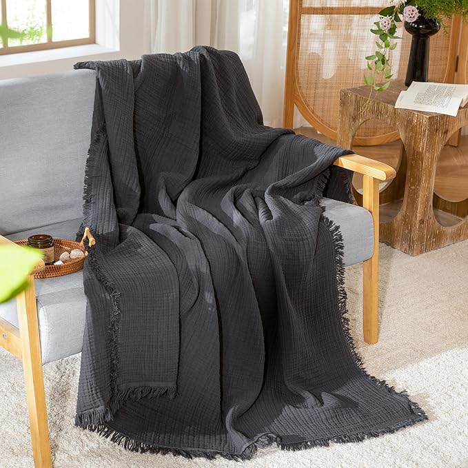 MooMee Muslin Blanket - 100% Cotton 4-Layer Gauze Throw Blanket with Tassels Ultra-Soft Breathable Lightweight Cooling for Bed Couch (Dark Grey,Oversized Queen 98" x 98")