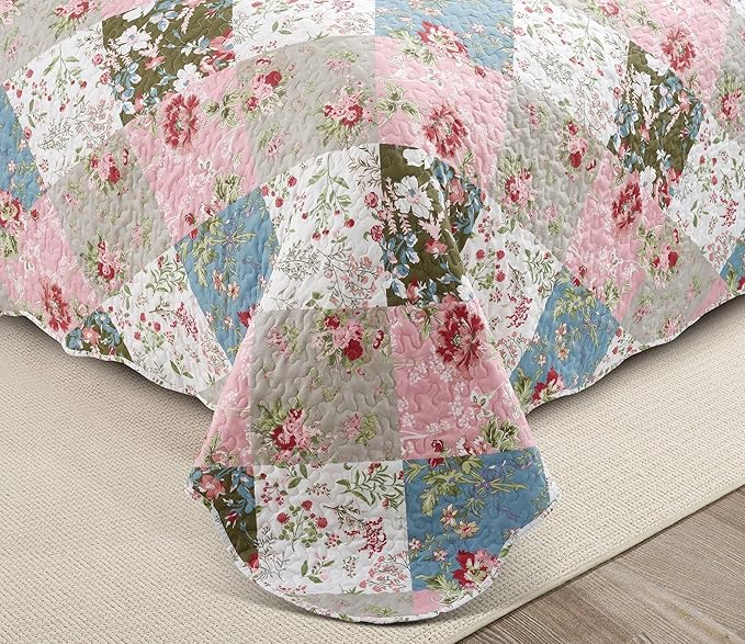 Brilliant Sunshine Peach and Olive Flowers Patchwork, 2-Piece Quilt Set with 1 Sham, Reversible Bedspread, Soft Lightweight Coverlet, All-Season, Twin, Peach Olive