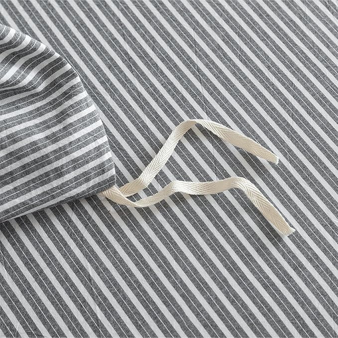 JIYUAN 100% Washed Cotton Striped Duvet Cover Set 3 Pieces King, 1 Duvet Cover and 2 Pillowcases(Comforter Not Included),Linen Like Comfy and Breathable,Pinstripes - Dark Grey White