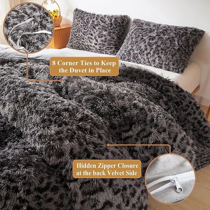 XeGe Cheetah Print Fluffy Faux Fur Duvet Cover Set, 3 Pieces Soft Plush Shaggy Fuzzy Bedding Set(1 Faux Fur Leopard Print Comforter Cover + 2 Furry Pillowcases), Zipper Closure(Queen, Light Grey)