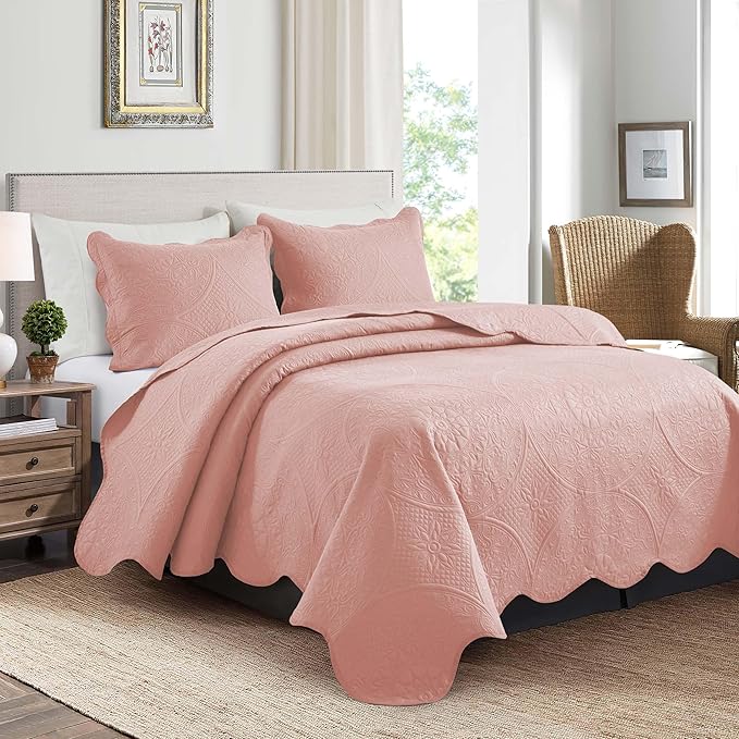 IR Imperial Rooms Twin Quilt Bedding Set Size (68" x 86") + 1 Pillow Shams (20" x 26"+ 2") - 2 Pcs All Season Lightweight Reversible Microfiber Coverlet Floral Embossed Quilt Bedspread (Baby Pink)