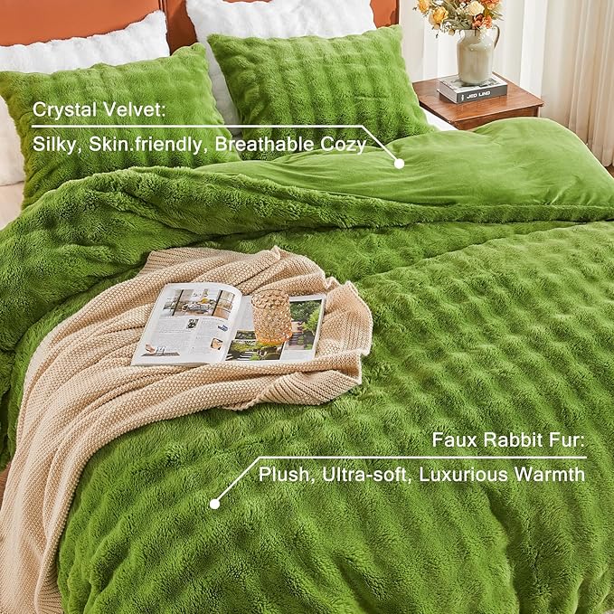 EMME Faux Fur Duvet Cover Queen Size, 3 Pieces Ultra Soft Fluffy Comforter Cover, Cozy Warm for Winter, Luxury Elegant Shaggy Bubble Design Bedding, 1 Duvet Cover & 2 Pillow Shams (Queen, Green)