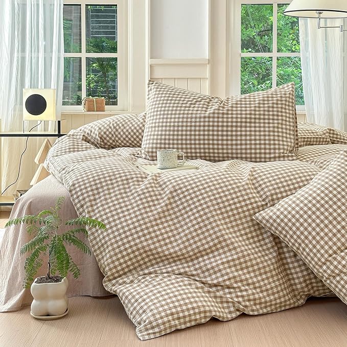 LifeTB Tan Gingham Duvet Cover California King 100% Washed Cotton Grid Bedding Set Beige Plaid Checked Duvet Cover 3 Pieces Vintage Grid Checkered Comforter Cover Soft Breathable Gingham Bedding Set
