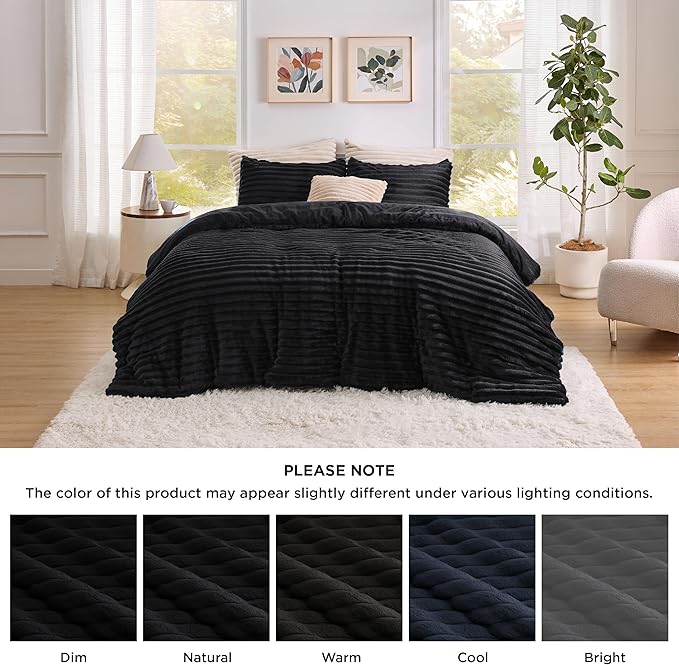 Bedsure King Size Comforter Set - GentleSoft™ 3 Pieces Fluffy Double-Side Fleece Comforter Set, Cozy Striped Room Decor Aesthetic, Luxury Black King Bedding with 2 Pillowcases, 104x90 Inches